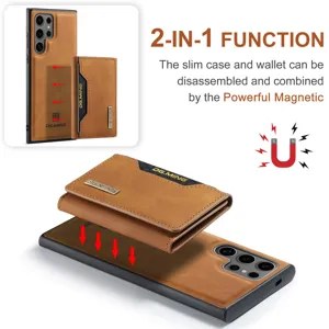 Vue détaillée de l'étui portefeuille magnétique 2-en-1 en cuir avec coque arrière amovible.