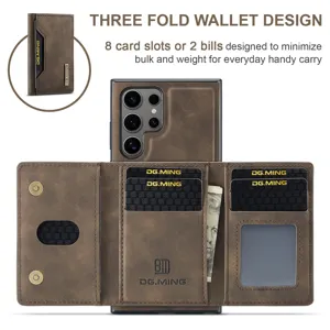 Étui portefeuille en cuir à trois volets pour Samsung S24 Ultra avec fentes pour cartes et aimant.