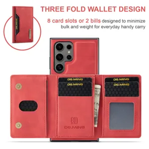 Étui portefeuille magnétique pliable rouge avec plusieurs fentes pour cartes et poche à billets.