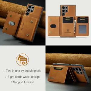 Vue détaillée de l'étui portefeuille magnétique en cuir marron avec fentes et support.