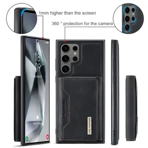 Etui de telephone en cuir noir avec portefeuille de cartes amovible pour Samsung S24 Ultra.
