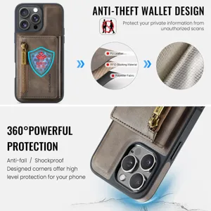 Δερμάτινη θήκη κινητού με θήκη καρτών anti-RFID και τσέπη με φερμουάρ για προστασία.