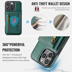 Πράσινη δερμάτινη θήκη κινητού με RFID blocker, θήκη καρτών με φερμουάρ και προστασία.