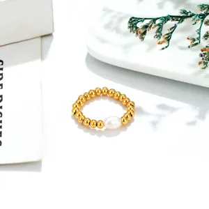 Light Luxury Natural Freshwater Pearl Elastic Ring Titanium Steel 14K Gold Plated Beaded Stretch Ring Elegant Women Finger Jewelry