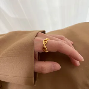 Bague Nez de Porc en Acier Titane Électroplaqué Or Bague Géométrique Maillons de Chaîne Ancre pour Hommes Femmes Bijoux Mode