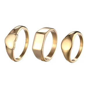Lot de 3 bagues géométriques minimalistes en acier titane doré 14k pour femmes chic.
