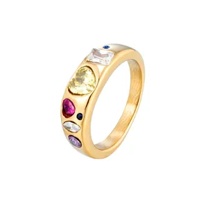 Bague large en zircon coloré pour femmes, style dopamine mode vacances plage bijoux en acier.