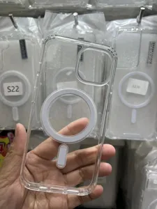 Clear magnetic phone case detail showing transparent acrylic build and MagSafe ring feature clearly.