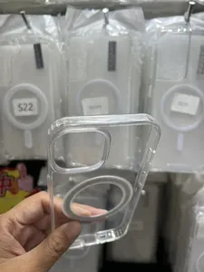 Clear magnetic phone case detail view, transparent acrylic anti-drop design with magsafe ring.