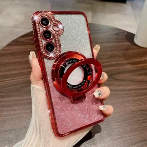 Dettaglio in primo piano di cover per telefono di lusso con strass glitter e anello magnetico.