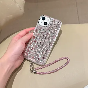 Coque de téléphone strass scintillants avec lanière rose compatible iPhone Pro Max luxe
