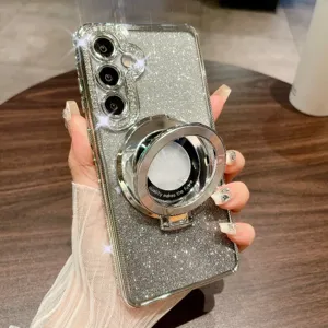 Custodia per telefono glitterata con supporto anello magnetico e strass fotocamera.