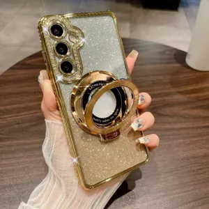 Vista dettagliata della custodia per cellulare glitterata con strass e anello di supporto.