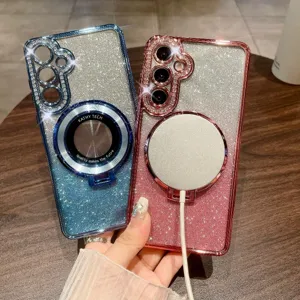 Vista dettagliata della custodia per telefono con strass magnetici glitterati con supporto.