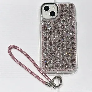 Coque de Téléphone Strass Brillants avec Sangle pour iPhone Housse Rose Étincelante