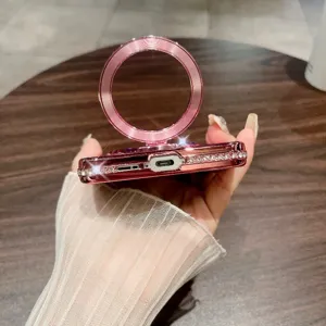Cover telefono magnetica strass rosa dettaglio, supporto anello glitter per custodia.