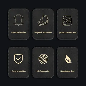 Leather phone case feature detail chart showing imported material, magnetic and drop protection.