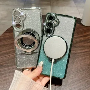 Custodia per telefono magnetica con strass glitter sfumati e supporto ad anello vista dettaglio.