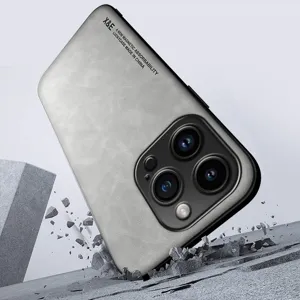 Silver magnetic leather phone case with skin-touch texture and full wrap drop protection.