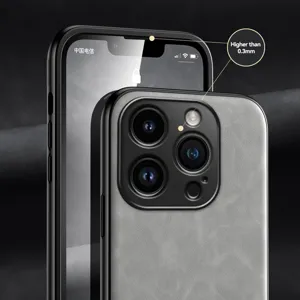 Close-up leather phone case detail showing camera protection and premium skin feel texture.