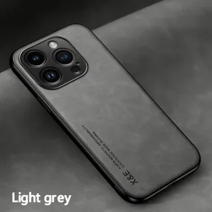 Magnetic leather phone case for iPhone, luxury skin-friendly back cover in light grey.