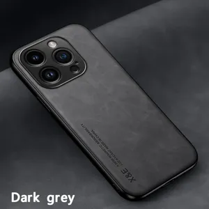 Detailed view of the dark grey magnetic leather phone case, highlighting smooth skin-friendly texture.