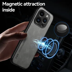 Magnetic leather phone case for iPhone 16 Pro Max 17 14 Pro car mount compatible luxury cover