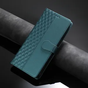Étui portefeuille en cuir rabat texture géométrique bleu vert vue détail protection mobile