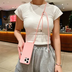 Hoesje met roze crossbody koord matte beschermhoes compatibel voor iPhone 16 15 14 Pro Max