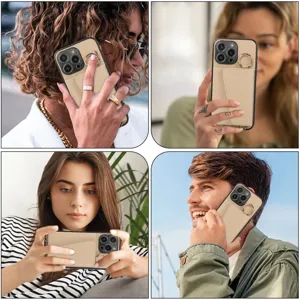 Coque cordon porte-carte pour iPhone, texture cuir avec support bague et pochette.