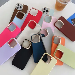 Coque de Téléphone Minimaliste Couleur Unie Texture Simili Cuir Cadre Photo Électroplaqué Housse de Protection Antichoc pour iPhone