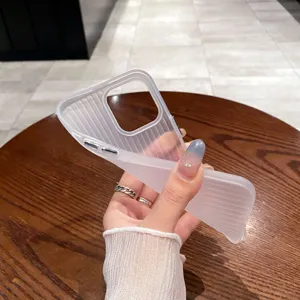 Transparent matte striped phone case detail showcasing soft flexible texture and camera protection.