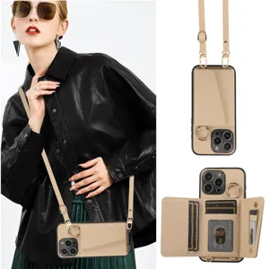 Coque de Téléphone Portefeuille Bandoulière Avec Support de Carte Sangle Similicuir Antichute Housse de Protection Pour iPhone