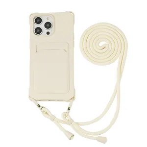 Beige siliconen telefoonhoesje met kaarthouder en verstelbaar draagkoord detail