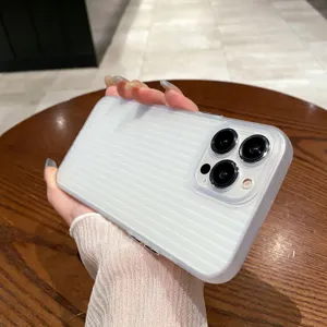 Matte translucent phone case detail, minimalist vertical stripes design, soft protective cover.