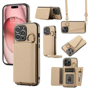 Coque de téléphone en cuir PU bandoulière avec porte-carte, anneau support et lanière amovible.