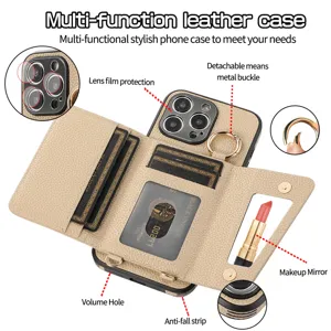 Coque de téléphone en cuir multifonctionnelle avec fentes pour cartes et miroir pratique.