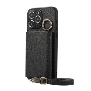 Coque de téléphone bandoulière en cuir noir avec porte-carte, portefeuille et anneau pour iPhone.