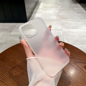 Detailed view of translucent frosted vertical striped phone case, soft TPU material.