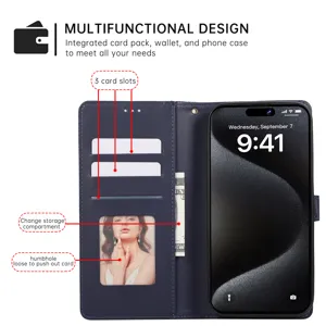 Étui portefeuille multifonction en cuir avec fentes pour cartes et support pour iPhone 16 Pro Max