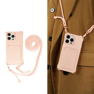 Roze iPhone hoesje met kaartsleuf en crossbody koord vier hoeken valbestendige cover