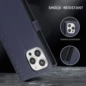 Vue détaillée de l'étui de téléphone en cuir bleu foncé montrant la protection de la caméra.
