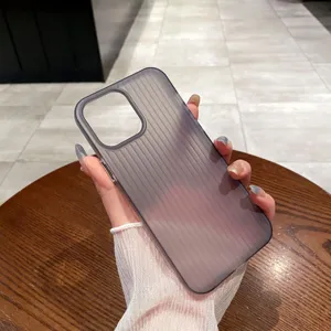 Close-up view of a frosted translucent soft phone case with minimalist vertical stripes detail.