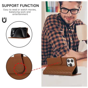 Vue detaillee de l'etui portefeuille en cuir pour telephone avec fonction support et aimant.