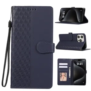 Étui portefeuille en cuir bleu élégant avec fentes pour cartes dragonne et support pour iPhone.