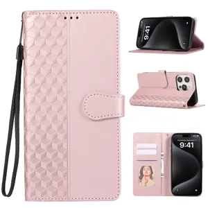 Étui portefeuille en cuir rose avec motif géométrique, fentes pour cartes et support pour iPhone.