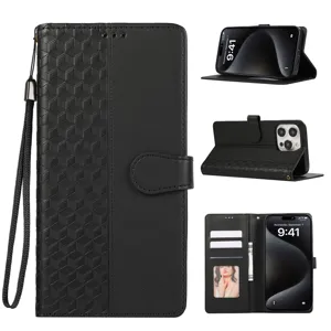 Étui portefeuille en cuir PU noir avec motif géométrique 3D, fentes pour cartes et support.