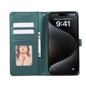Étui portefeuille en cuir vert avec fentes pour cartes et support pour iPhone, coque de protection
