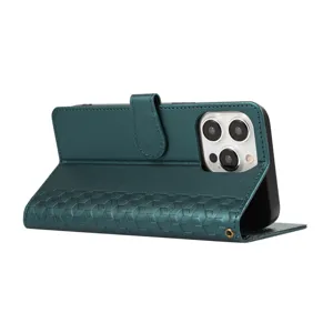 Étui portefeuille en cuir vert foncé pour téléphone avec fentes pour cartes et support.