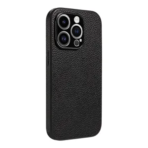 Premium black litchi texture leather phone case designed for full drop protection.